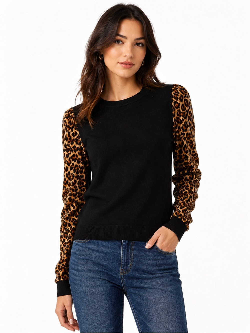 Veronica Beard Adler Leopard Silk Sleeve Merino Wool Sweater Black M